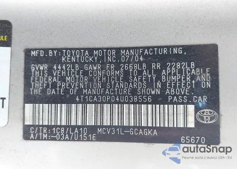 2004 Toyota Camry Solara Sle V6 from USA, damaged, VIN 4T1CA30P04U038556